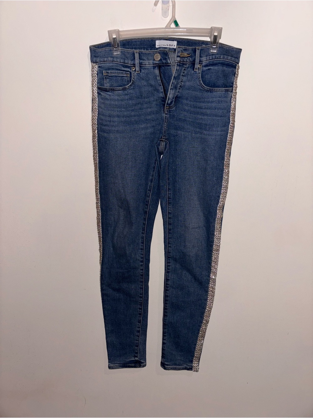 LOFT Dark Blue Skinny Jeans with Silver Sequin Side Trim
